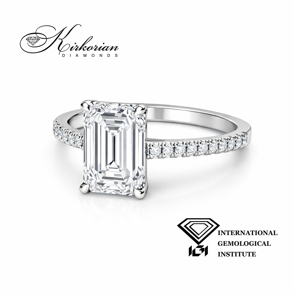 Годежен пръстен от бяло злато 14К с лабораторно създаден диамант 1.58 ct Emerald F VVS2 IGI – 1.73 ct общо SJR60501EM