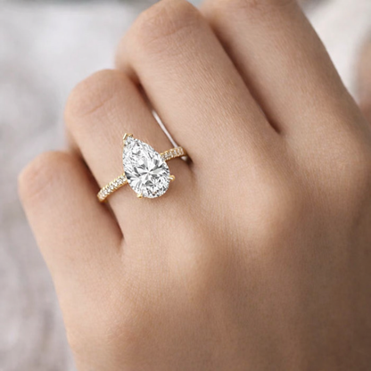 Годежен пръстен Pear 1.59 ct на ръка от жълто злато 14К с лабораторно създаден диамант