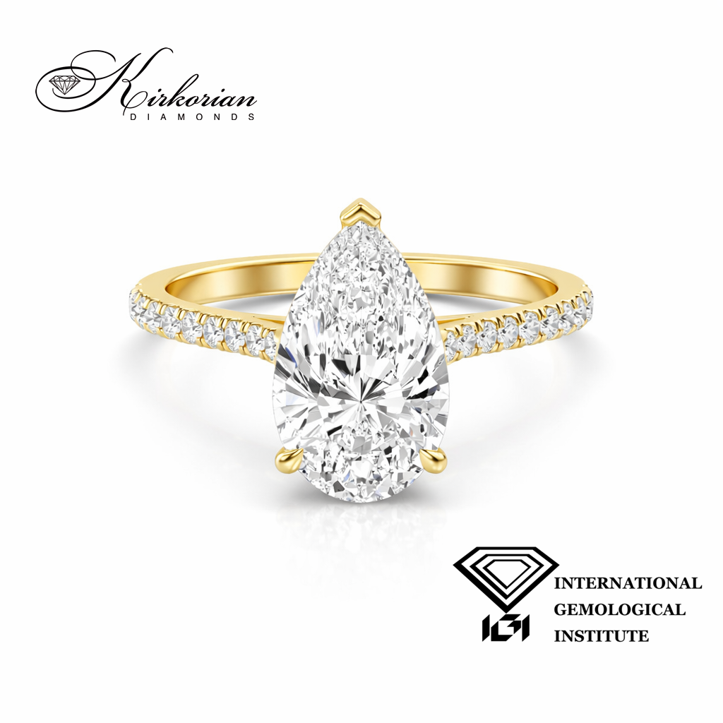 Годежен пръстен Pear 1.59 ct IGI F VS1 от жълто злато 14К с лабораторно създаден диамант 1.75 ct общо