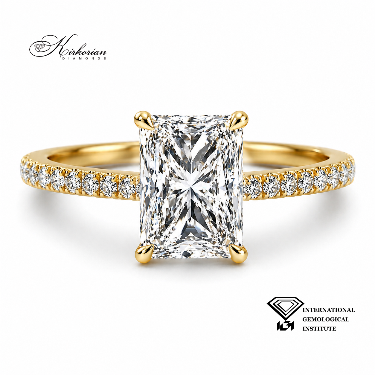 Radiant диамант 1.50 ct F VS2 IGI годежен пръстен жълто злато 14К фронтален изглед с блясък
