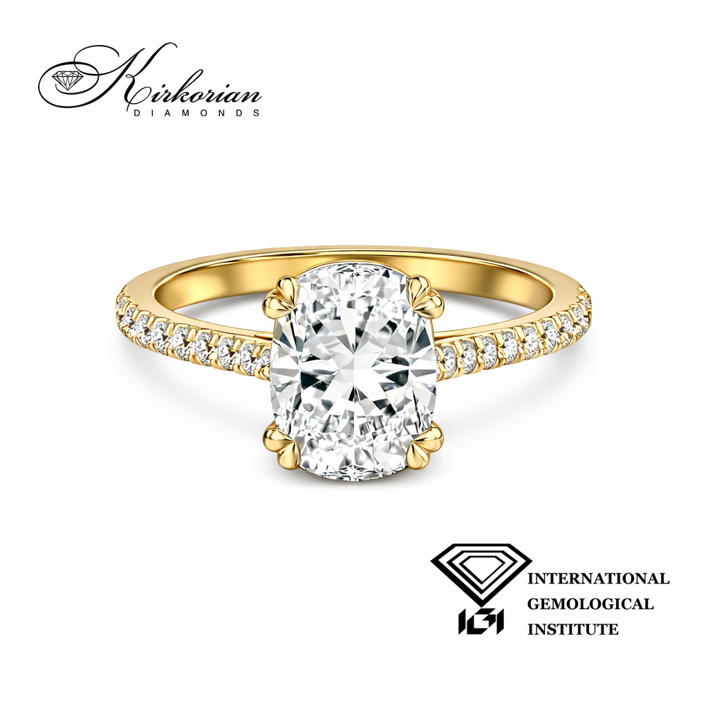 Годежен пръстен Cushion 1.60 ct IGI от жълто злато 14К – лабораторно създаден диамант