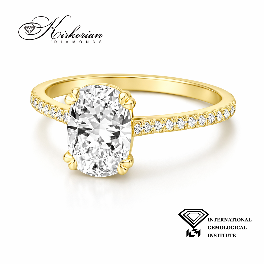 Годежен пръстен Cushion 1.60 ct лабораторно създаден диамант IGI от жълто злато 14К – 1.77 ct общо SJR60542CUG