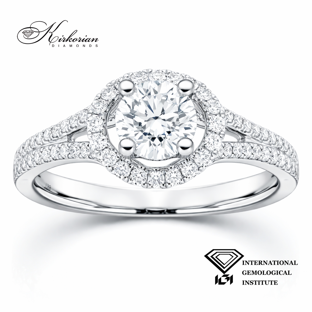 годежен пръстен с диамант 0.60 ct IGI halo дизайн бяло злато 18K Kirkorian Diamonds модел T110