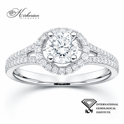 годежен пръстен с диамант 0.60 ct IGI halo дизайн бяло злато 18K Kirkorian Diamonds модел T110