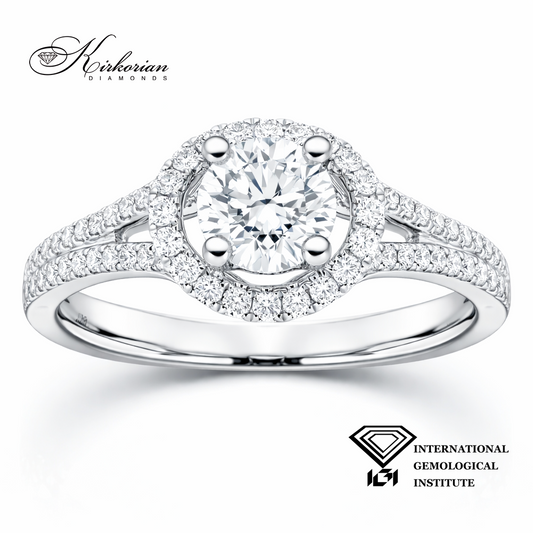 годежен пръстен с диамант 0.60 ct IGI halo дизайн бяло злато 18K Kirkorian Diamonds модел T110