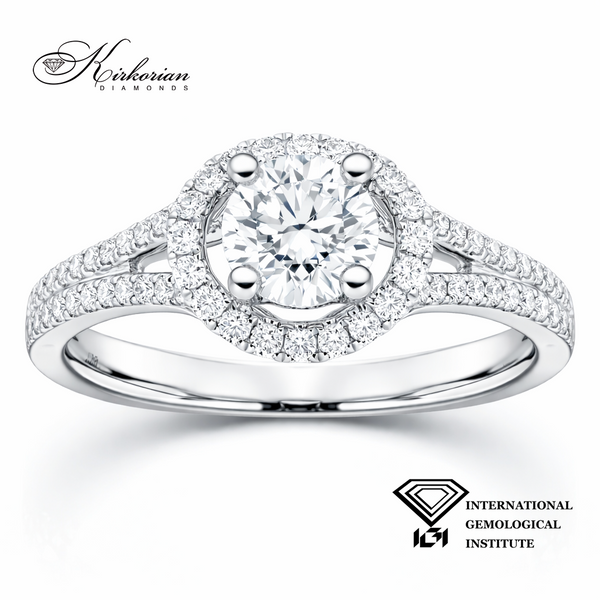 Годежен пръстен с диамант 0.60 ct D VS2 IGI и диаманти 0.30 ct от бяло злато 18K – halo диамантен пръстен модел T110