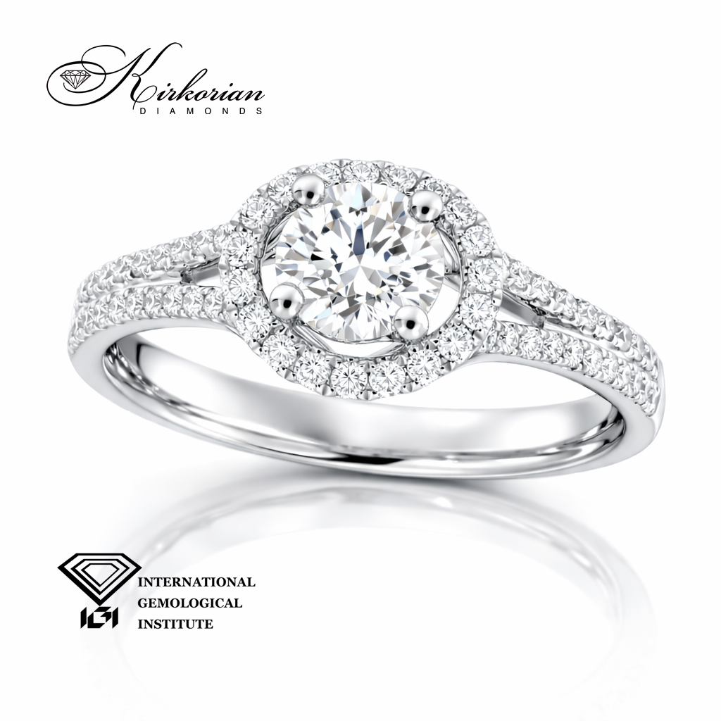 диамантен годежен пръстен halo с диамант 0.60 ct D VS2 и диаманти 0.30 ct Kirkorian Diamonds T110
