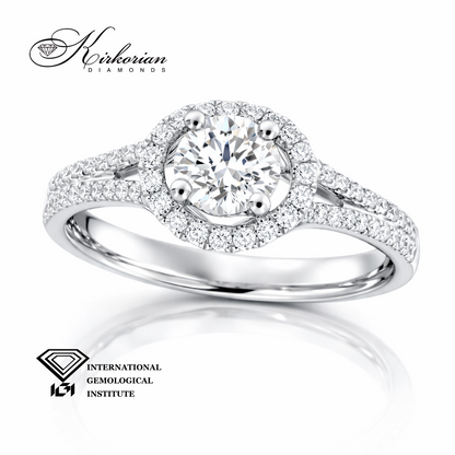 диамантен годежен пръстен halo с диамант 0.60 ct D VS2 и диаманти 0.30 ct Kirkorian Diamonds T110