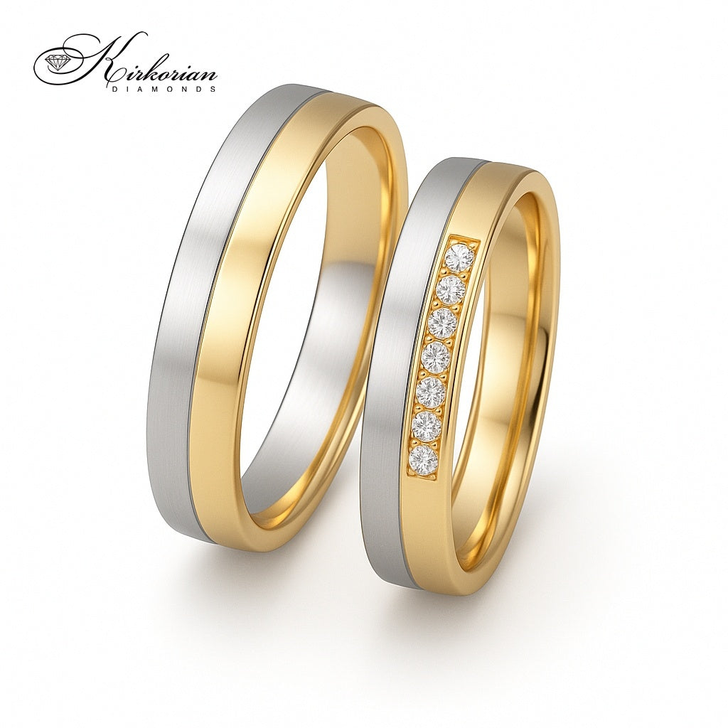 Венчални халки WRD053 от бяло и жълто злато с диаманти 0.105ct – 5.5мм