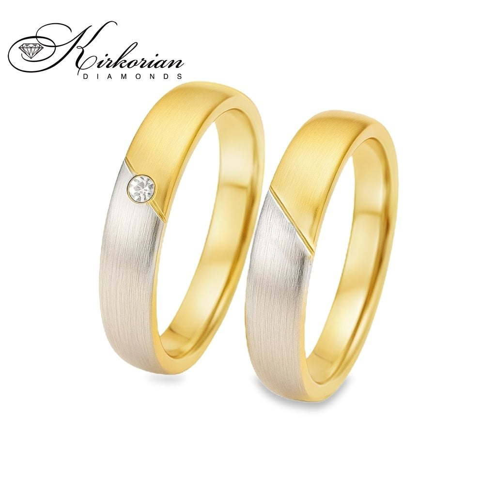 Модерни венчални халки WRD060 от бяло и жълто злато с диамант 0.015ct – 4мм