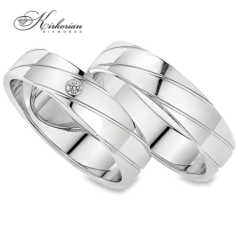 Модерни венчални халки от бяло злато с диамант 0.015ct – комплект WRD080