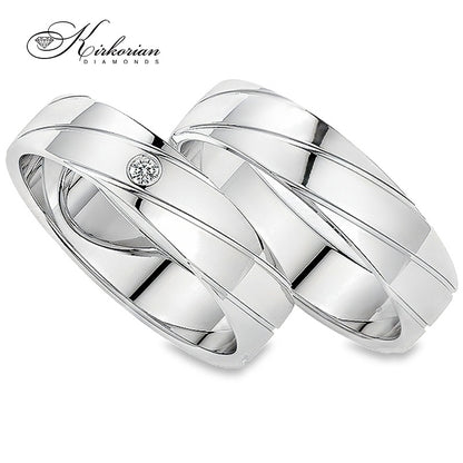 Модерни венчални халки от бяло злато с диамант 0.015ct – комплект WRD080