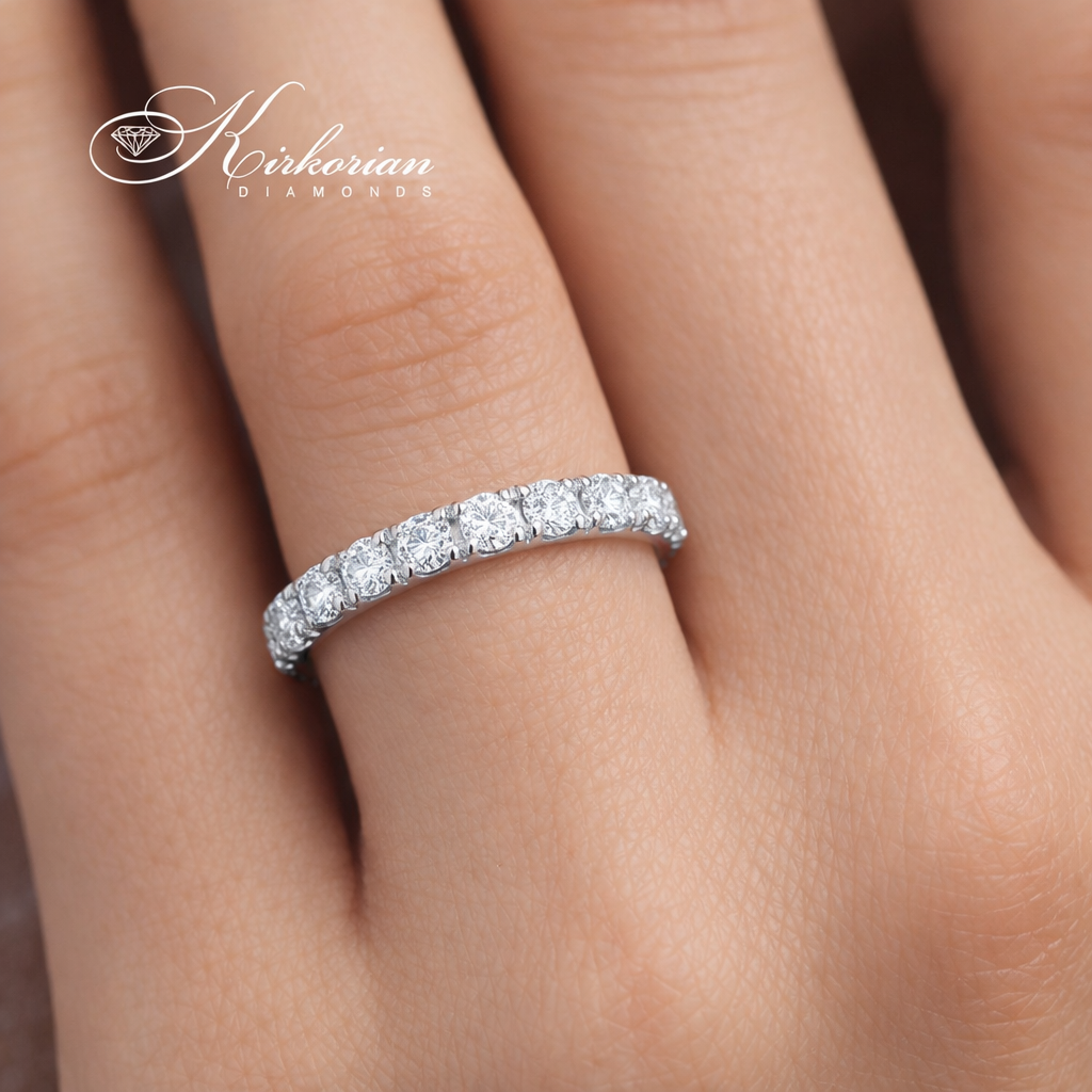 венчална халка от бяло злато 14K с диаманти 0.88 ct на ръка елегантна диамантена халка