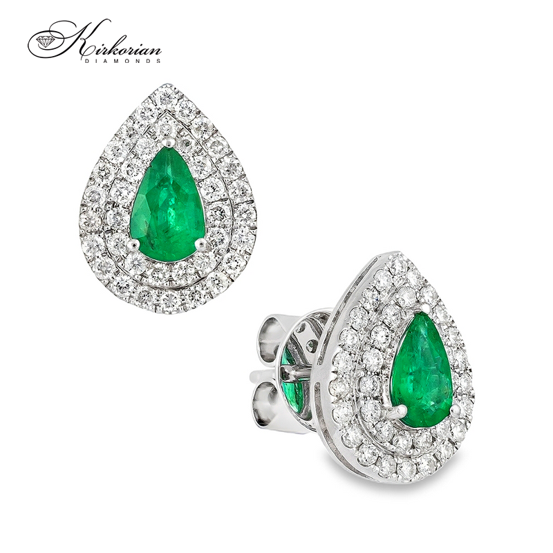 Луксозни обеци бяло злато 18к със смарагд 0.70 ct (капковиден) и диаманти 0.48 ct – Код IT11
