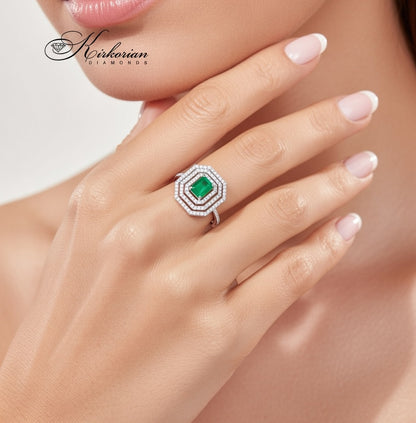 Пръстен от бяло злато 18K с изумруд 1.08ct и диаманти 0.58ct | Размер 54 | Сертификат