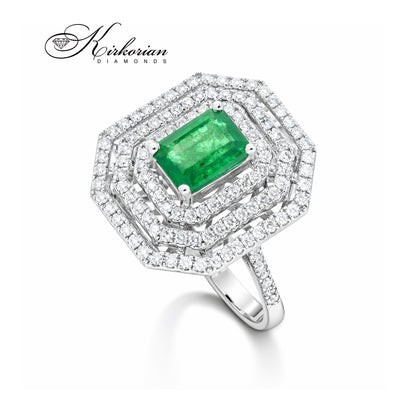 Пръстен от бяло злато 18K с изумруд 1.08ct и диаманти 0.58ct | Размер 54 | Сертификат