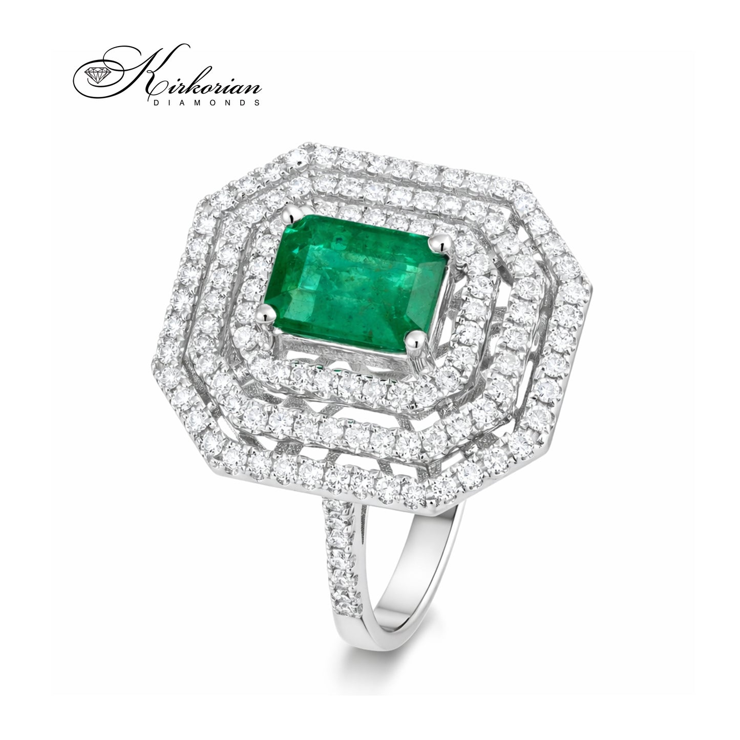 Пръстен от бяло злато 18K с изумруд 1.08ct и диаманти 0.58ct | Размер 54 | Сертификат