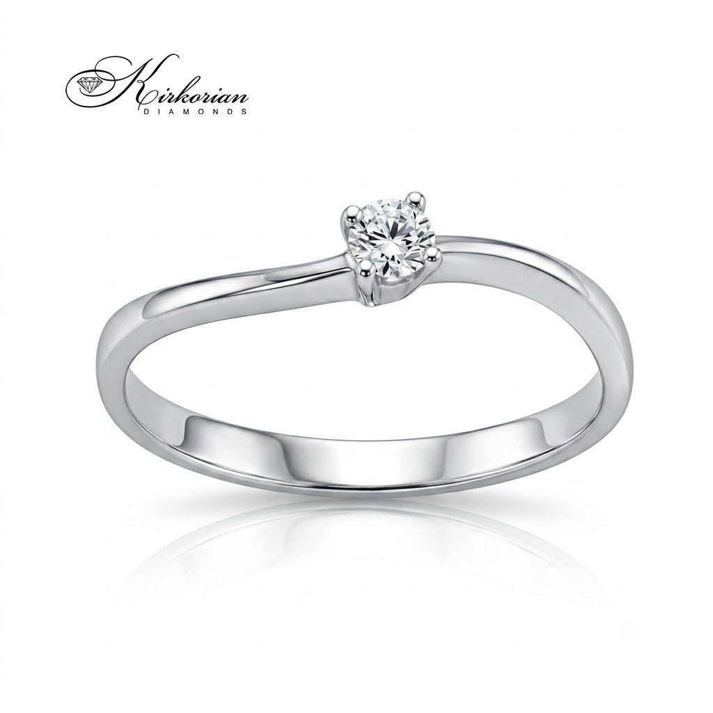 Класически годежен пръстен от бяло злато 14K (модел K116) с диамант 0.10 ct и елегантна байпас извивка.