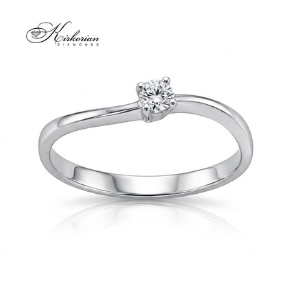 Класически годежен пръстен от бяло злато 14K (модел K116) с диамант 0.10 ct и елегантна байпас извивка.