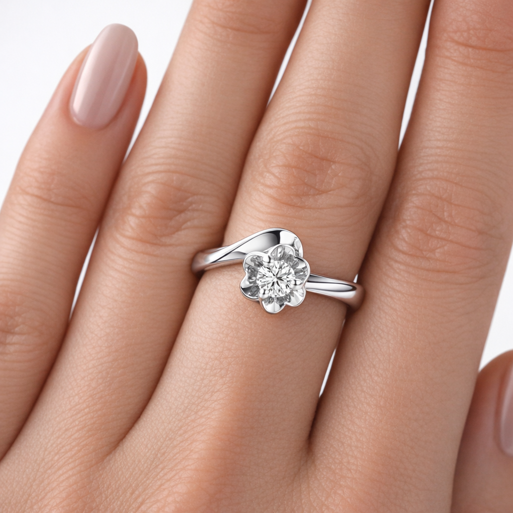 Годежен пръстен с диамант 0.10 ct от бяло злато 14К върху ръка – модел K356