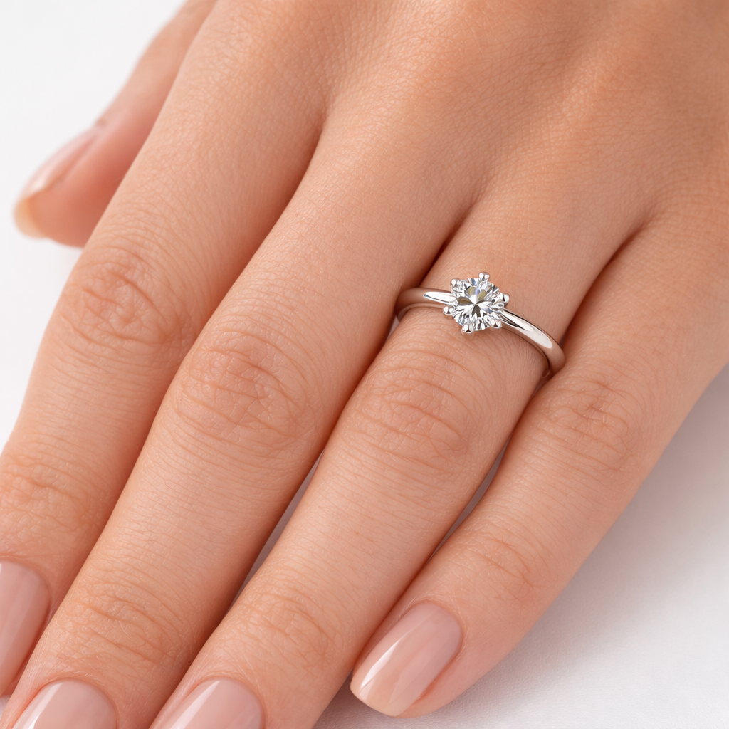 Годежен пръстен с диамант 0.25 ct GIA бяло злато 14К върху ръка реален размер елегантен солитер K372