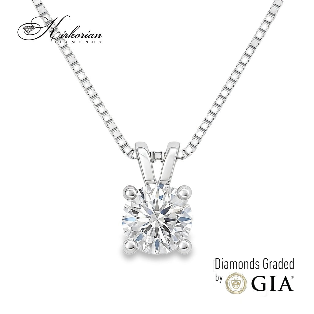 "Колие от бяло злато 14K с диамант 0.70 ct на модел, естествен кръгъл диамант с GIA сертификат, луксозно дамско диамантено колие Kirkorian Diamonds код K601C"