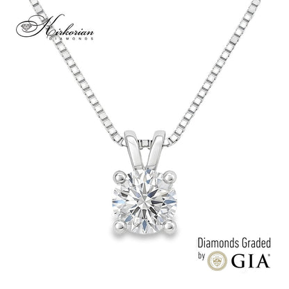 "Колие от бяло злато 14K с диамант 0.70 ct на модел, естествен кръгъл диамант с GIA сертификат, луксозно дамско диамантено колие Kirkorian Diamonds код K601C"