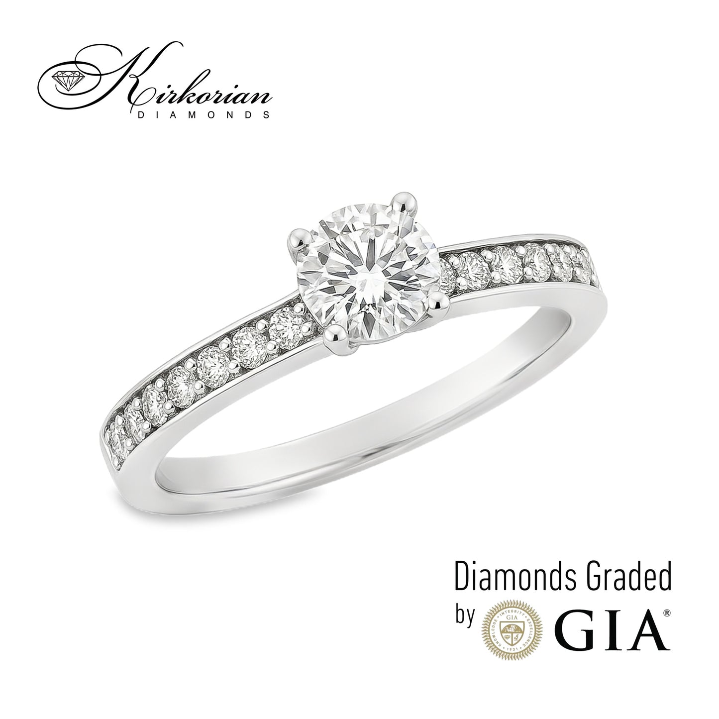 Годежен пръстен с диамант 0.90ct и GIA сертификат – бяло злато 14k с акцентни камъни