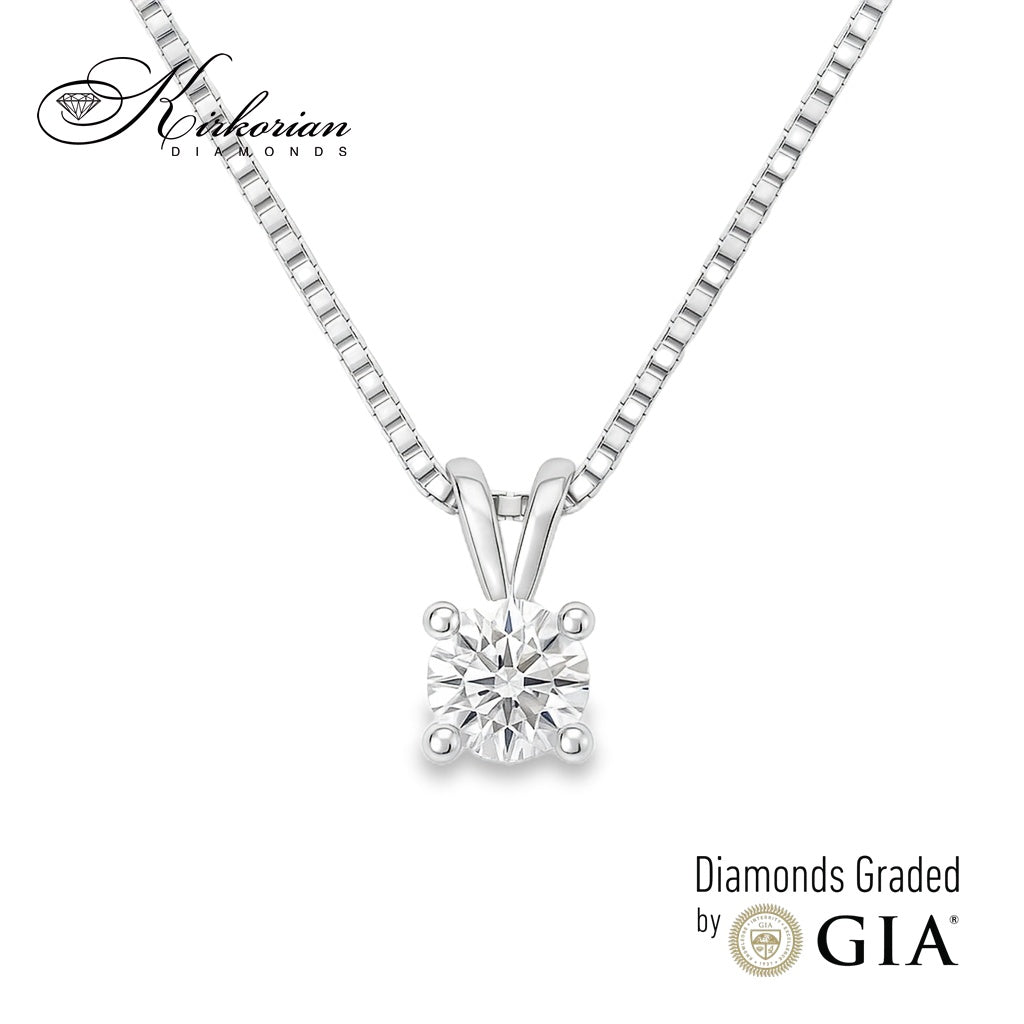 "Класическо колие от бяло злато 14K с диамант 0.30 ct на модел, естествен кръгъл диамант с GIA сертификат, елегантно дамско диамантено колие Kirkorian Diamonds код K634"