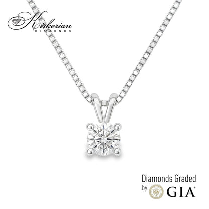 "Класическо колие от бяло злато 14K с диамант 0.30 ct на модел, естествен кръгъл диамант с GIA сертификат, елегантно дамско диамантено колие Kirkorian Diamonds код K634"