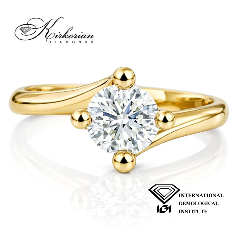 Годежен пръстен от жълто злато 14К с естествен диамант 0.80 ct G VS1 IGI K650A – луксозен солитер с кръгъл брилянтен диамант и елегантен дизайн