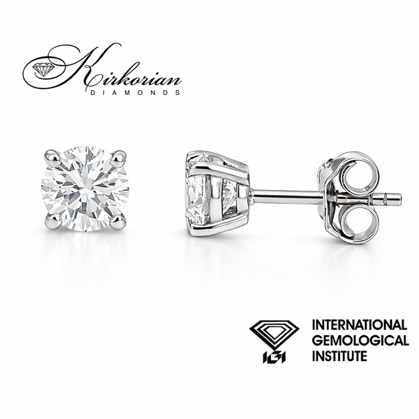 Класически обеци от бяло злато 14k с диаманти 1.00ct – модел K656 с четири зъба и IGI сертификат