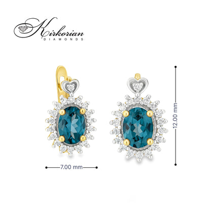 Обеци от жълто злато 14К с топаз Лондон Блу и диаманти – елегантен лукс на достъпна цена