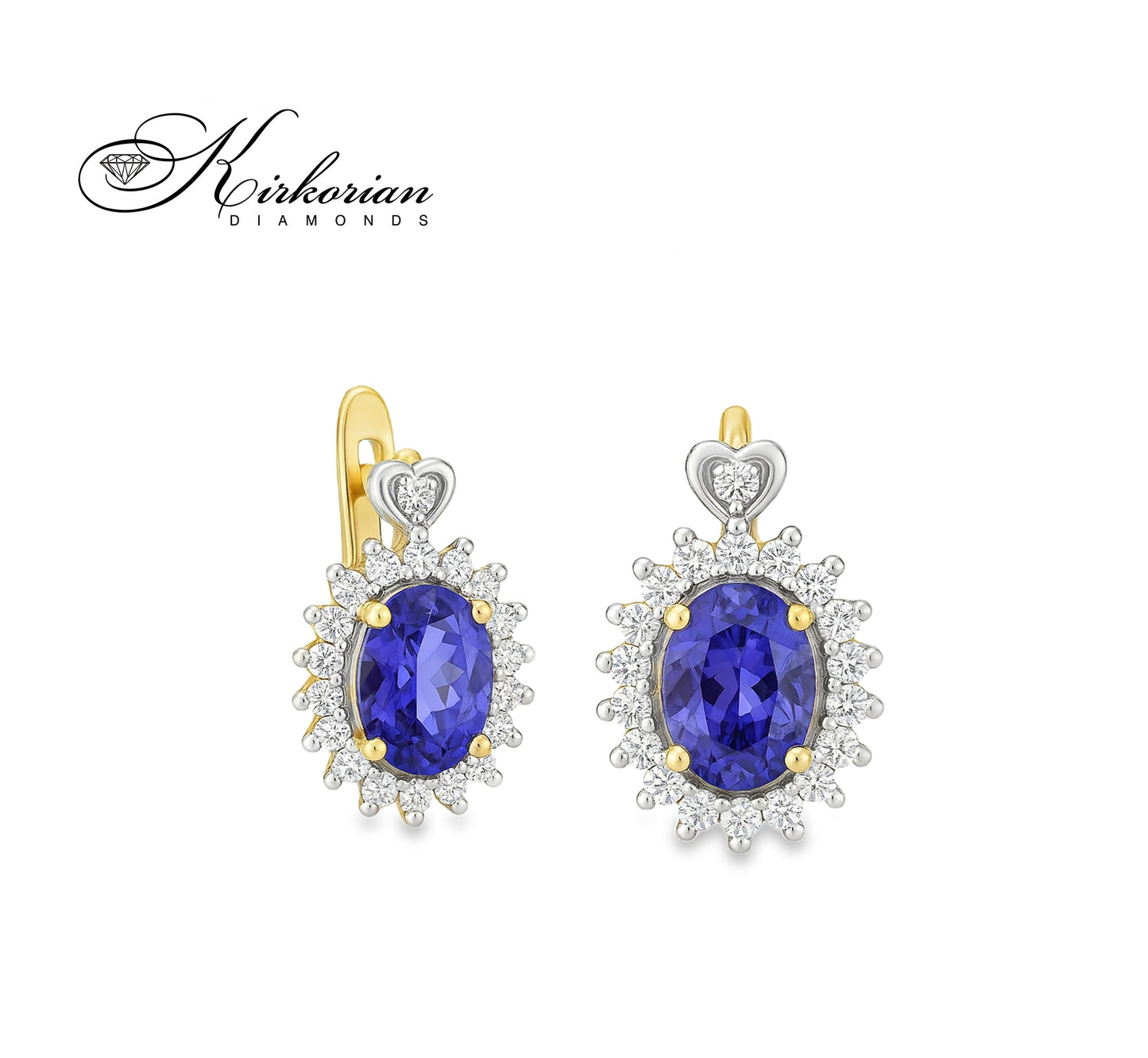 Луксозни обеци от жълто злато 14К с танзанити и диаманти – елегантен дизайн и топ качество | Kirkorian Diamonds