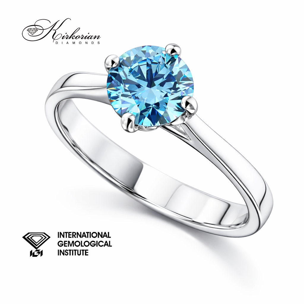 Ексклузивен годежен пръстен с Fancy Vivid Blue диамант 1.04ct бяло злато 14K IGI сертификат луксозен дизайн