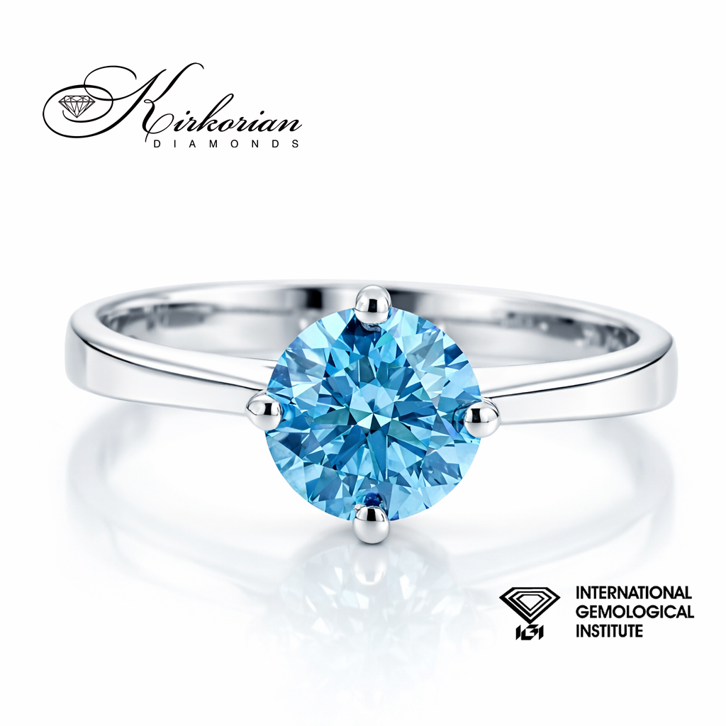 Годежен пръстен с син диамант 1.04 карата Fancy Vivid Blue бяло злато 14K сертифициран IGI
