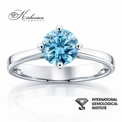 Луксозен пръстен с централен син диамант 1.04ct Fancy Vivid Blue 14K бяло злато висок клас бижу