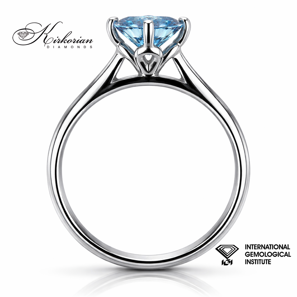 Годежен пръстен с Fancy Vivid Blue диамант 1.04ct в бяло злато 14K страничен изглед детайли и изработка