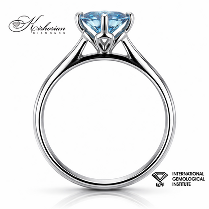 Годежен пръстен с Fancy Vivid Blue диамант 1.04ct в бяло злато 14K страничен изглед детайли и изработка
