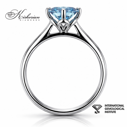 Годежен пръстен с Fancy Vivid Blue диамант 1.04ct в бяло злато 14K страничен изглед детайли и изработка