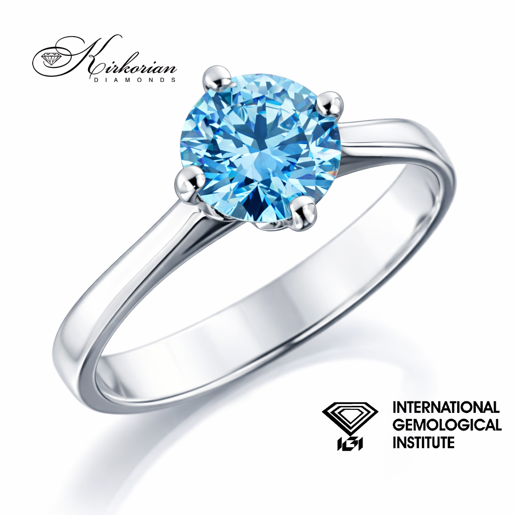 Елегантен годежен пръстен със син диамант 1.04ct Fancy Vivid Blue бяло злато 14K минималистичен дизайн