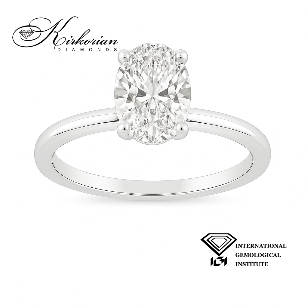 Годежен пръстен от бяло злато 14К с лабораторно диамант 1.50 ct, овал D/VVS2 – IGI сертификат, цени от производител