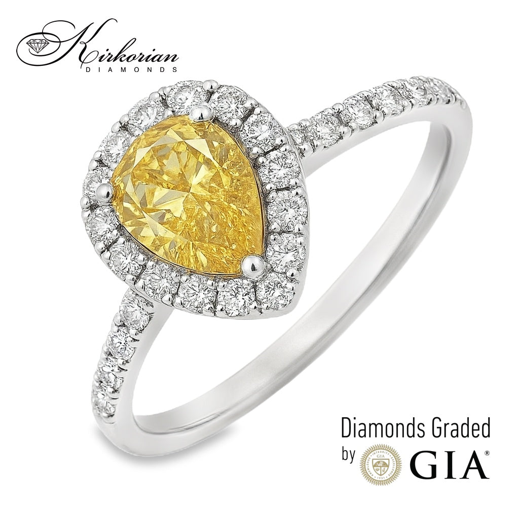 Елегантен годежен пръстен от бяло злато с Fancy Yellow диамант 1.35ct GIA