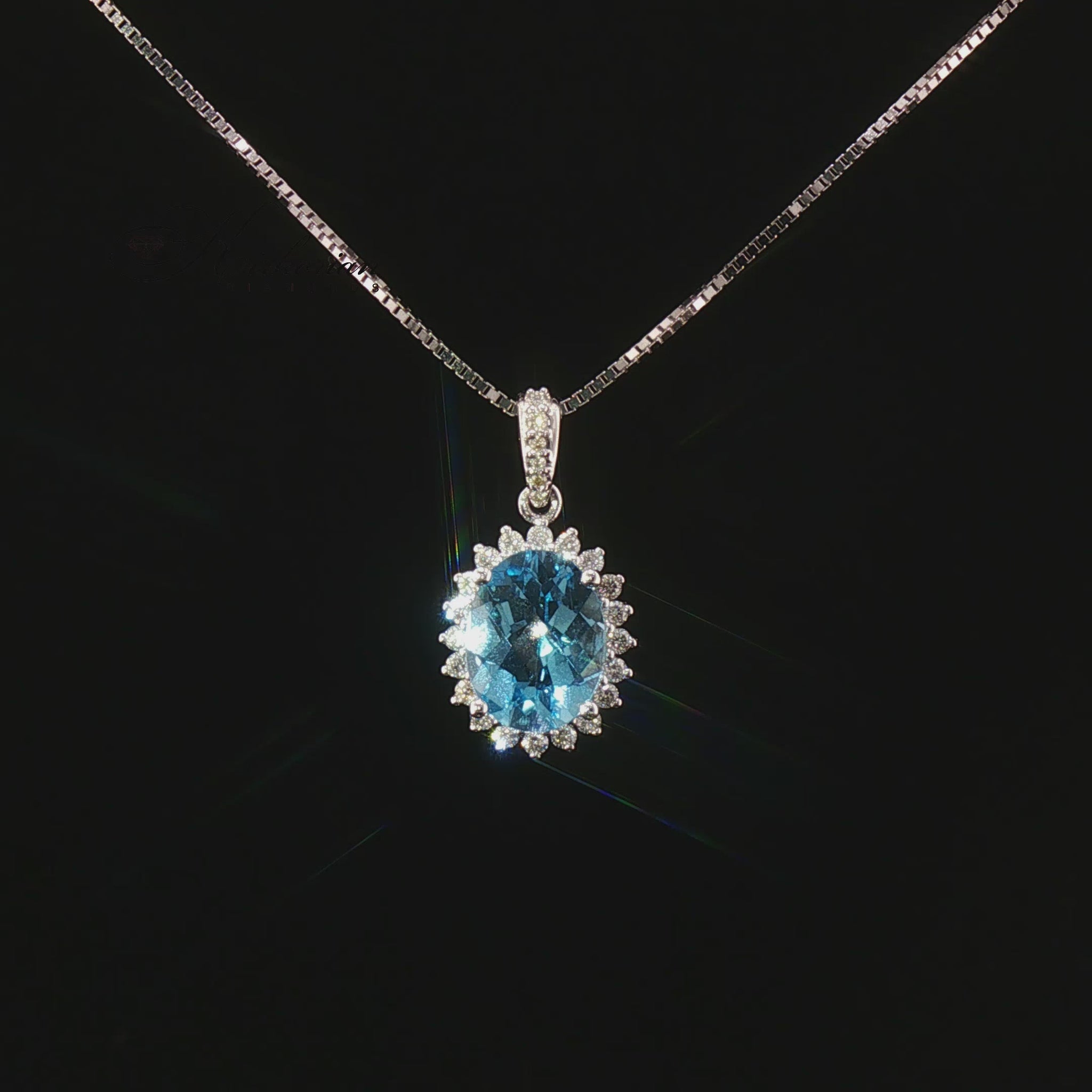 Видео на колие от 14К бяло злато с естествен топаз 1.86 ct и естествени диаманти 0.20 ct – класически луксозен дизайн от Kirkorian Diamonds.