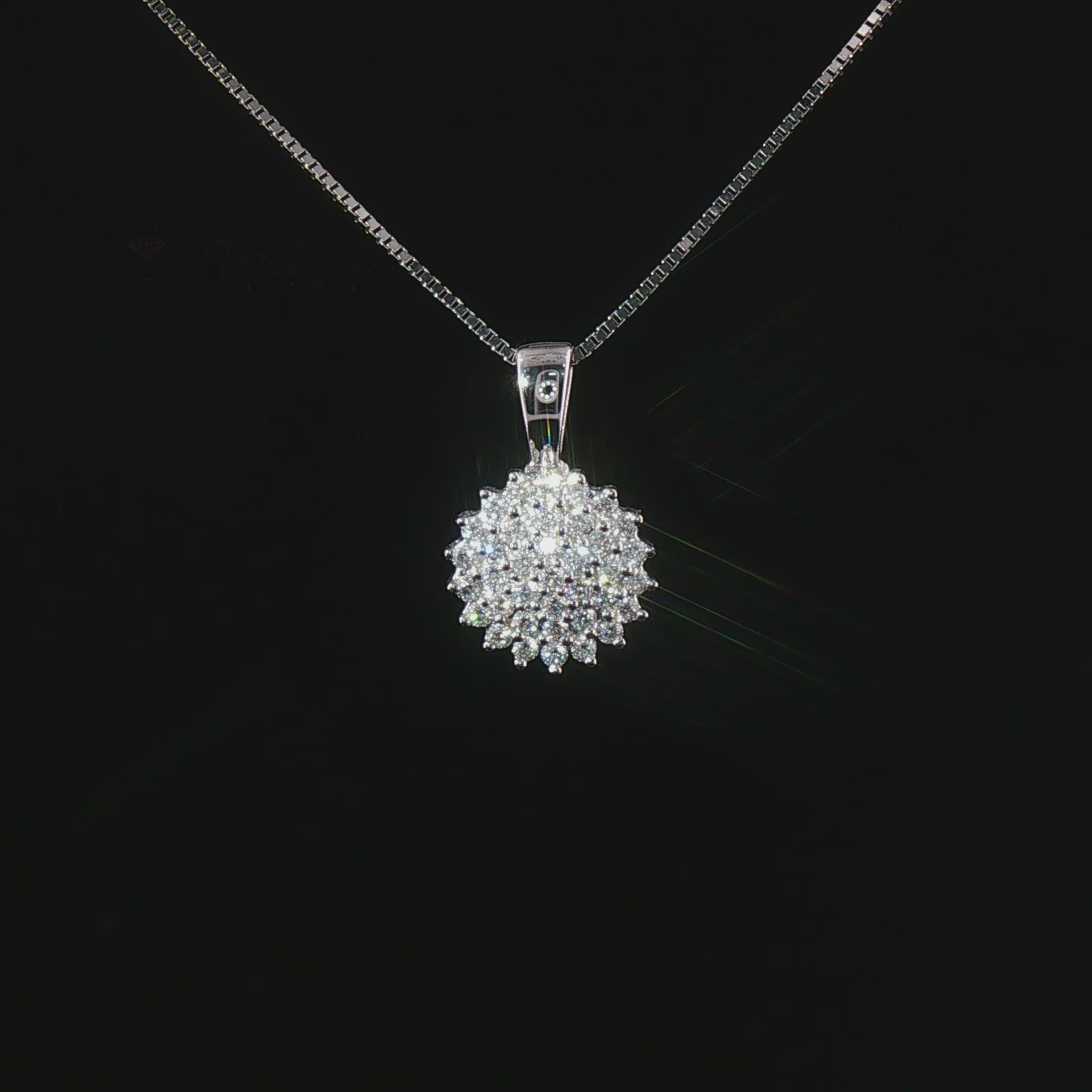 Видео на луксозно колие от бяло злато 18К с естествени диаманти 0.32 ct – елегантна кръгла диамантена висулка модел RN168