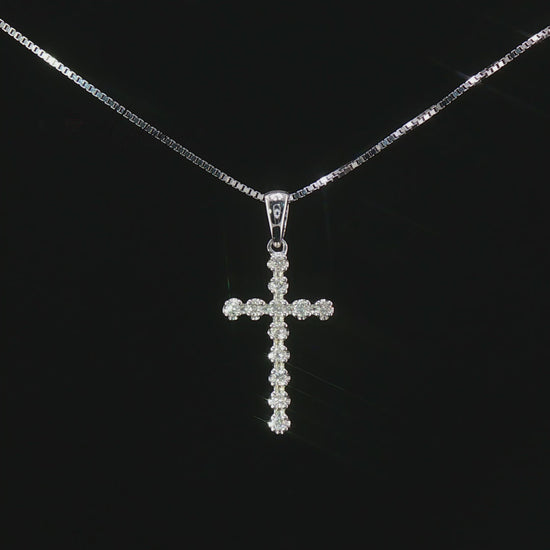 Видео на кръст от бяло злато 14K с естествени диаманти 0.15 ct – елегантно колие модел RN121 от Kirkorian Diamonds