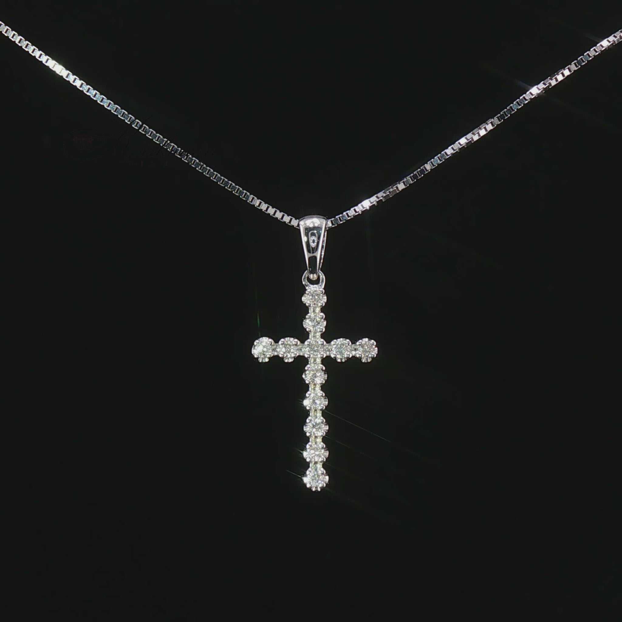 Видео на кръст от бяло злато 14K с естествени диаманти 0.15 ct – елегантно колие модел RN121 от Kirkorian Diamonds