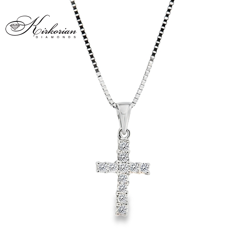 Колие кръст от бяло злато 14К с диаманти 0.21 ct – елегантен модел, дължина 45 см, код RN119