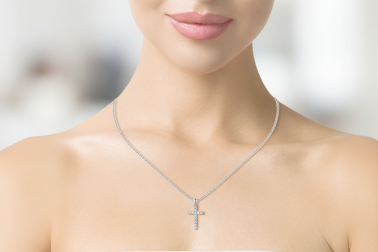 Кръст от бяло злато 14k с диаманти 0.15ct – модел RN121 | Kirkorian Diamonds