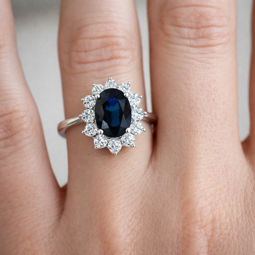 Годежен пръстен със сапфир 1.40ct и диаманти 0.40ct бяло злато 18k – модел RN129